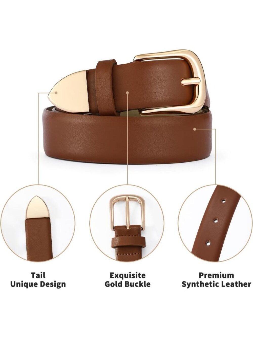 Women Tan Leather Dress Belt For Pants Jeans Fashion With Classic Gold Buckle - Picture 5 of 6